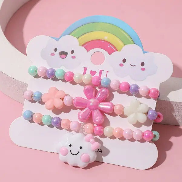 Ensemble 3 Bracelets Perles Cartoon Mignons Enfants – Princesse Licorne Fruits Chat Filles