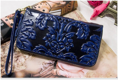 Portefeuille Femme Cuir Véritable Vintage Floral - Grande Capacité Clutch Pochette en Cuir de Vache