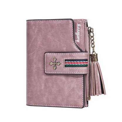 Portefeuille Femme Cuir Ciré Glands - Porte-Monnaie Tri-Fold Multi-Fentes Fermeture Éclair