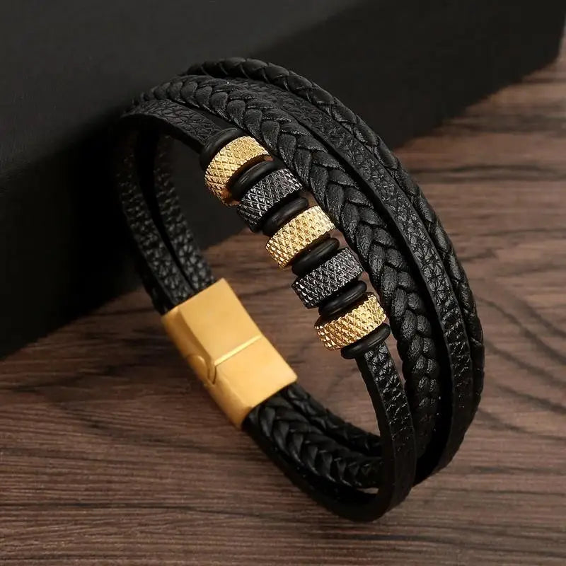 Bracelet en Cuir Tissé Main Multi-Couches pour Homme - Combinaison Classique Punk