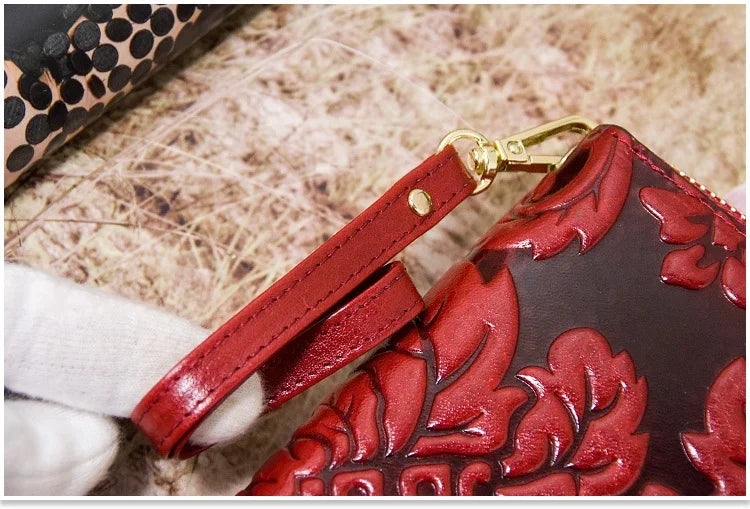 Portefeuille Femme Cuir Véritable Vintage Floral - Grande Capacité Clutch Pochette en Cuir de Vache