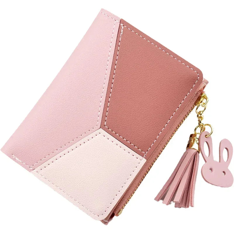 Portefeuille Court Femme Cuir PU avec Pompon - Porte-Cartes Pliable Portable