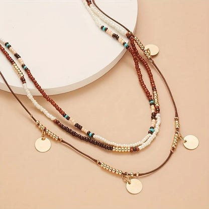 Collier Bohème Multicouche Perles – Pendentif Ethnique Rétro