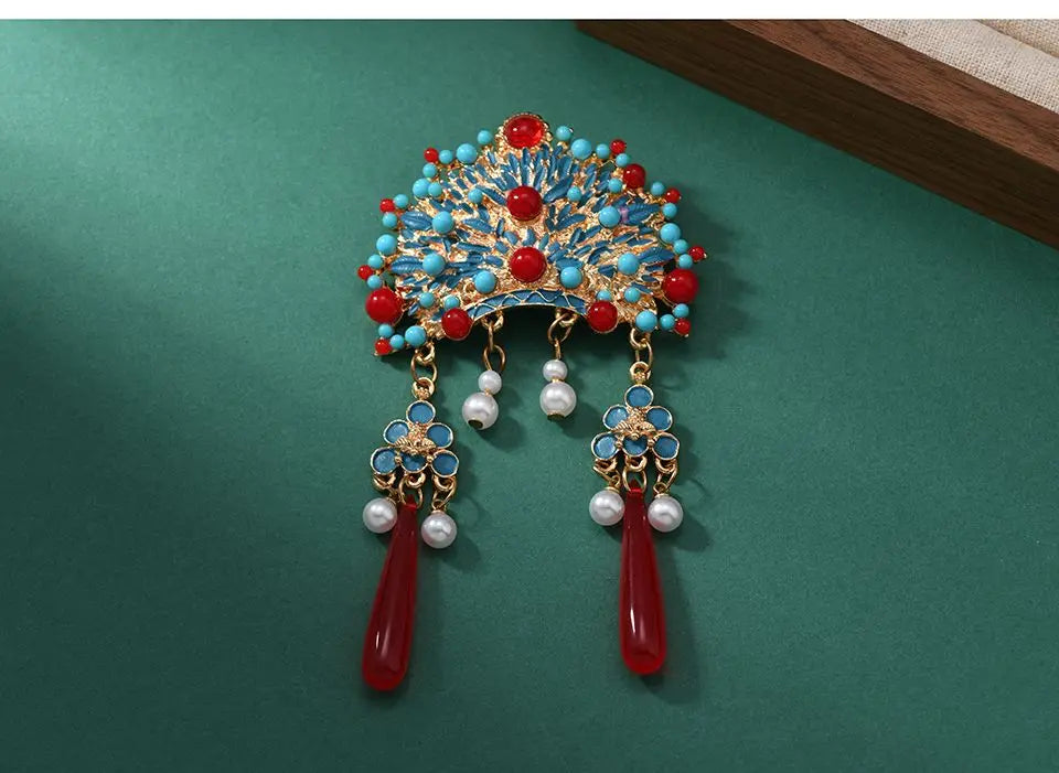 Broche Tiare Mariée Style Chinois - Ornement Luxe Pendants Couleurs Mixées