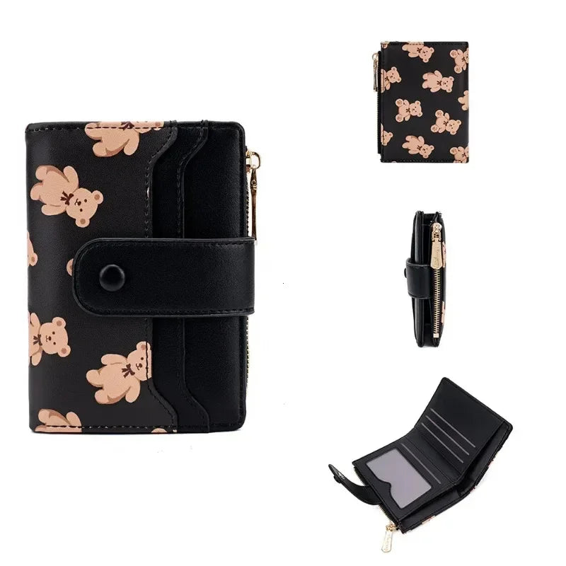 Portefeuille Femme Court Ourson Mignon - Bifold Cuir PU Porte-Cartes Zipper Bleu