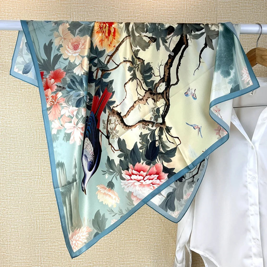 Foulard Carré Soie 88cm Imprimé Chinois - Écharpe Élégante Femme