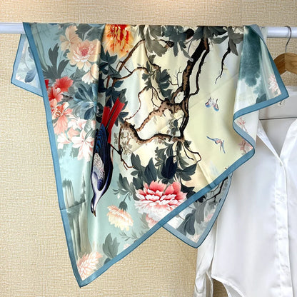 Foulard Carré Soie 88cm Imprimé Chinois - Écharpe Élégante Femme