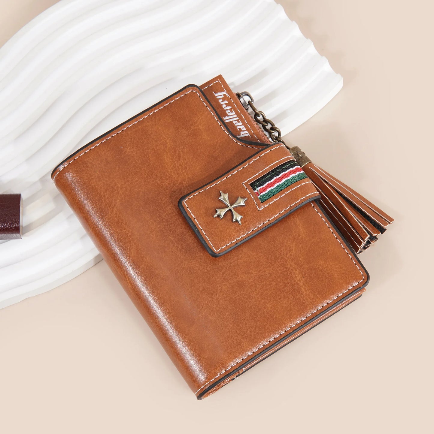 Portefeuille Femme Cuir Ciré Glands - Porte-Monnaie Tri-Fold Multi-Fentes Fermeture Éclair