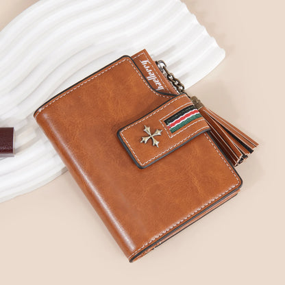 Portefeuille Femme Cuir Ciré Glands - Porte-Monnaie Tri-Fold Multi-Fentes Fermeture Éclair