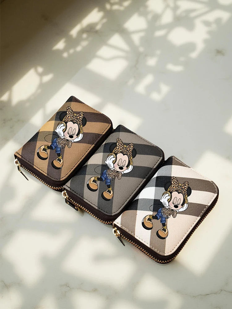 Portefeuille Minnie Motif Carreaux Léopard - Porte-Monnaie Court Cuir PU Zippé Femme Fille Disney