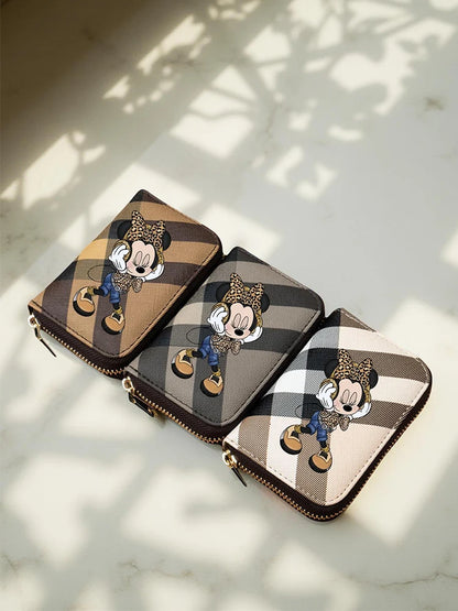 Portefeuille Minnie Motif Carreaux Léopard - Porte-Monnaie Court Cuir PU Zippé Femme Fille Disney