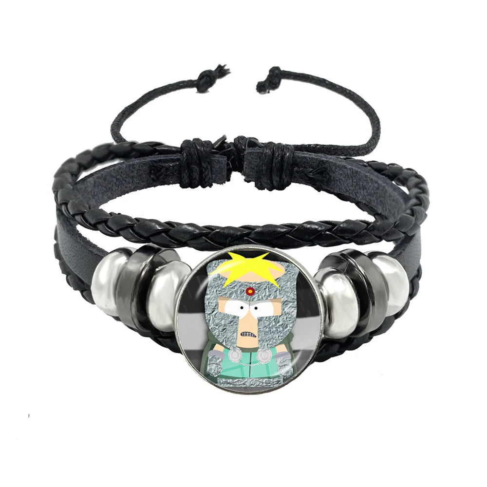 Bracelet South Park Cabochon Verre – Cuir Multicouche Tressé Fait Main Unisexe