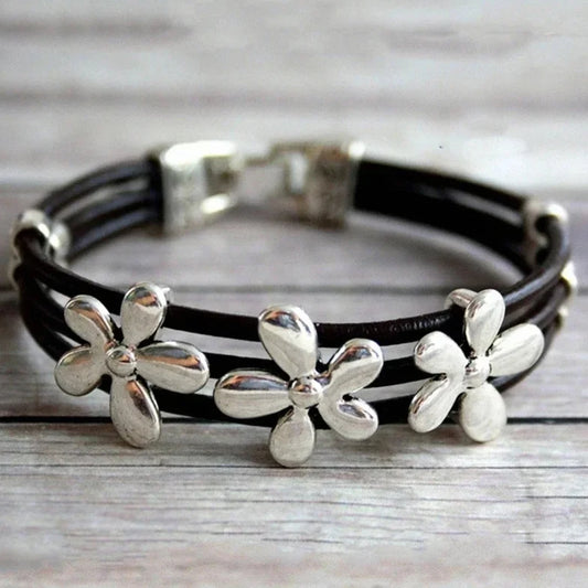 Vintage Bohemian Flower Multilayer Leather Bracelet - Lucky Charm - Handmade, Unisex, for Friendship and Couples