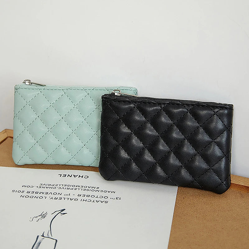 Portefeuille Femme Mini Cuir PU Zippé Imprimé Lattice - Porte-Monnaie Slim Porte-Carte Business Blanc