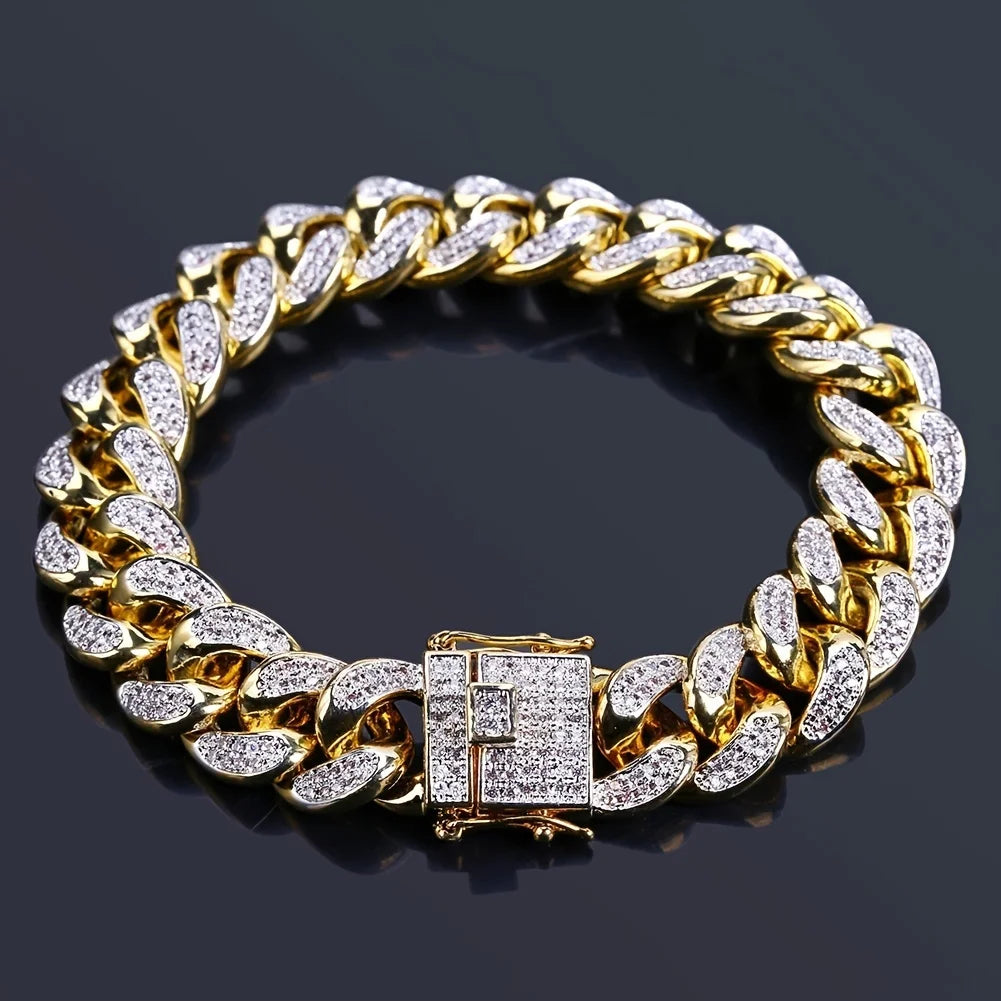 Bracelet Cubain Iced Out Acier Inoxydable – Chaîne Hip-Hop Cristaux Hommes