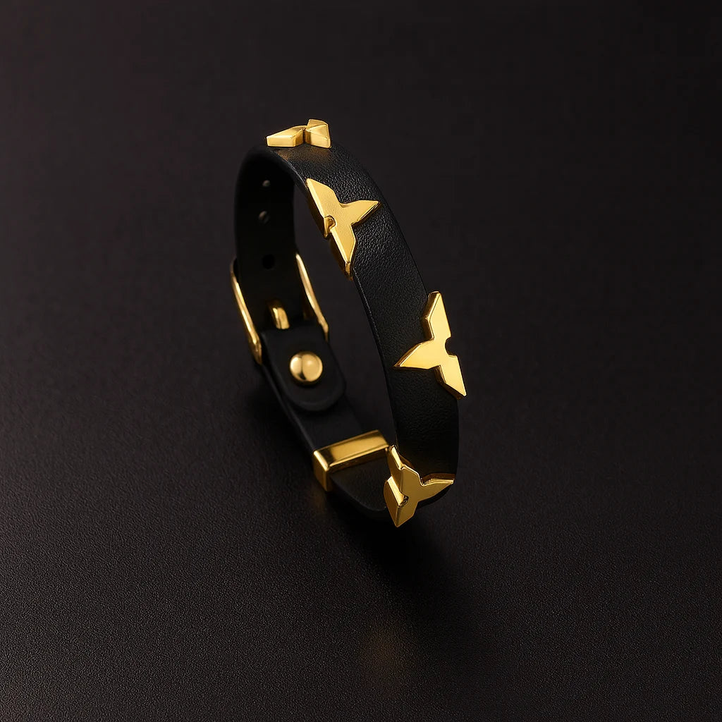 Bracelet Cuir Clous Papillon Dorés — Ajustable, Unisexe, 6 Coloris