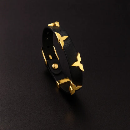 Bracelet Cuir Clous Papillon Dorés — Ajustable, Unisexe, 6 Coloris