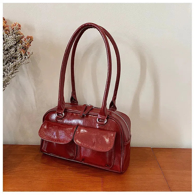 Sac à Bandoulière Femme Cuir PU Vintage - Grand Sac à Main Bordeaux pour Travail