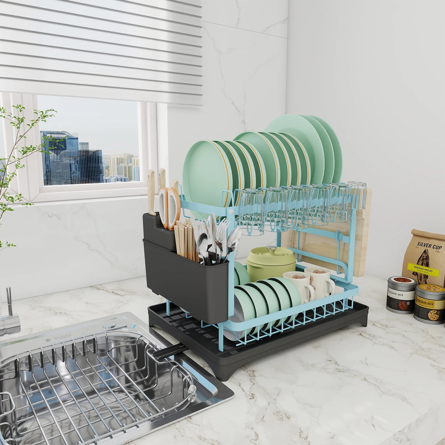 Égouttoir à Vaisselle 2 Étages - Organisateur de Cuisine Pliable