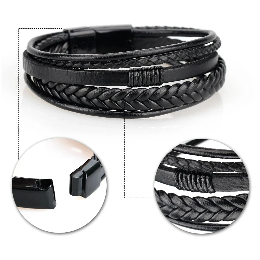 Bracelet en Cuir Véritable Multi-Couches Tressé pour Homme - Style Enroulé