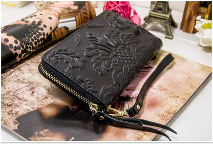 Portefeuille Femme Cuir Véritable Vintage Floral - Grande Capacité Clutch Pochette en Cuir de Vache