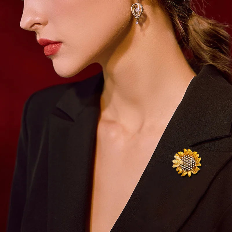 Broche Tournesol Jaune Émaillée Strass Luxueuse – Pin's Fleur Marguerite Femme
