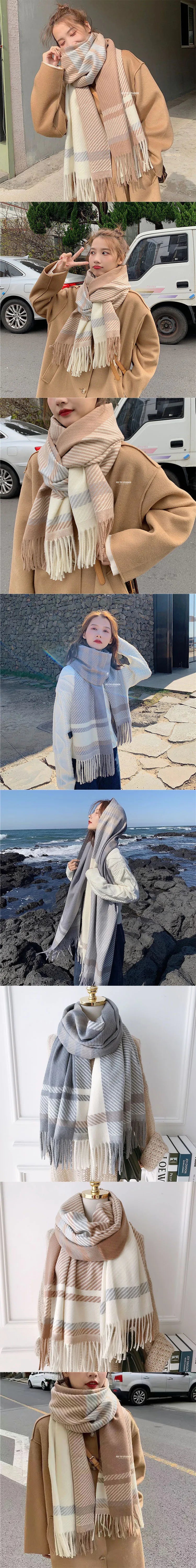 Foulard Écharpe Cachemire Carreaux Femme Hiver - Châle Chaud 175x60cm Gris