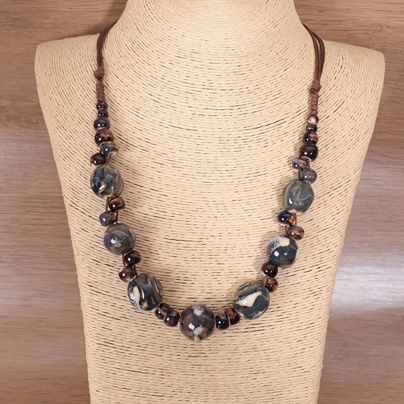 Collier Perles Céramique Tressé Main Bohème – Ajustable Ethnique Rétro Femme