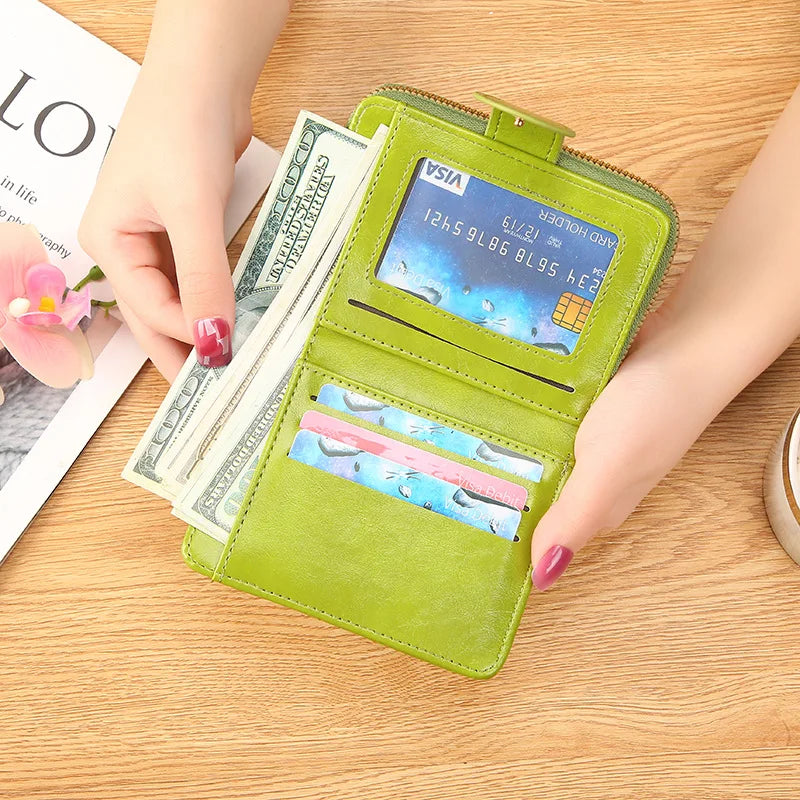Portefeuille Femme Cuir Bifold Court Rose - Wallet Porte-Cartes Zipper Coin Pouch