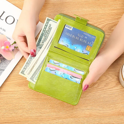 Portefeuille Femme Cuir Bifold Court Rose - Wallet Porte-Cartes Zipper Coin Pouch