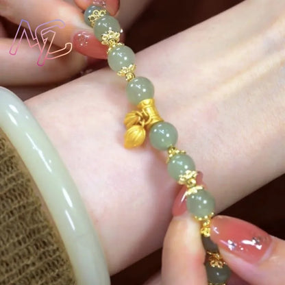 Bracelet Perles Jade Naturel Fleur Lotus – Bangle Pierre Gemme Vintage Classique Femme