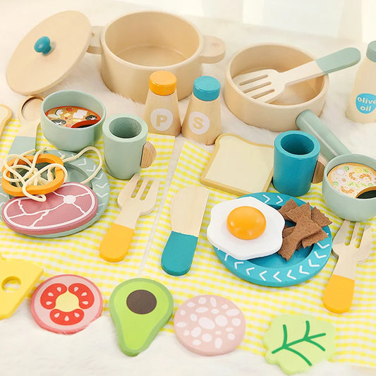 Cuisine Jouet en Bois Éducatif - Set Complet Casseroles et Aliments pour Jeu de Rôle 3-6 Ans