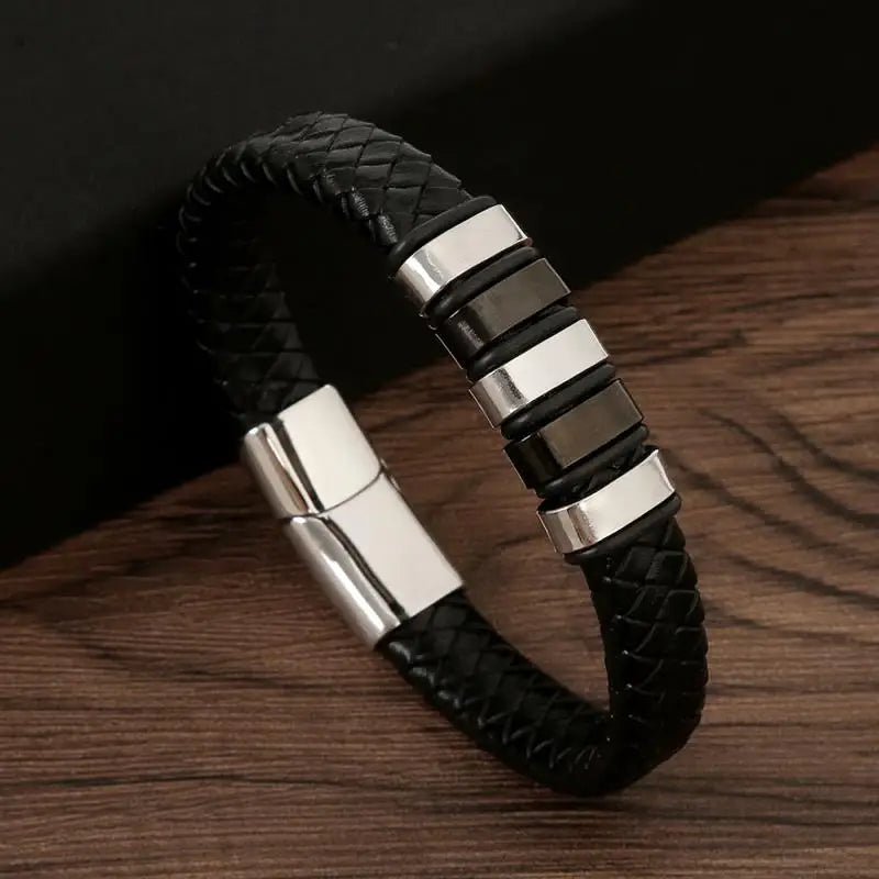 Bracelet Cuir Tressé Multicouche Punk – Boucle Magnétique Croix Homme
