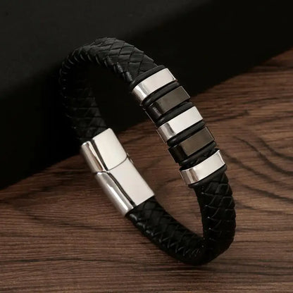 Bracelet Cuir Tressé Multicouche Punk – Boucle Magnétique Croix Homme