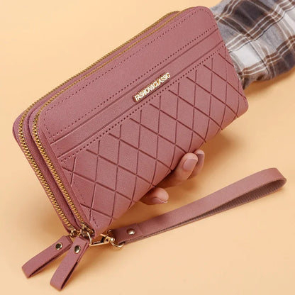 Portefeuille Femme Cuir PU Pompon - Porte-Monnaie Double Fermeture Éclair