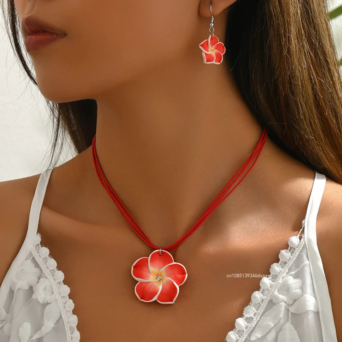 Ensemble Bijoux Fleurs Tressées Bohème Grande Fleur – Collier Boucles Rose Rouge Bleu Plage Femme