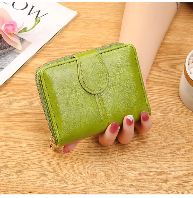 Portefeuille Femme Cuir Bifold Court Rose - Wallet Porte-Cartes Zipper Coin Pouch