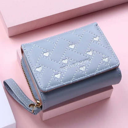Portefeuille Femme Mignon Cœur Brodé Cuir PU - Trifold Multi-Cartes avec Porte-Monnaie