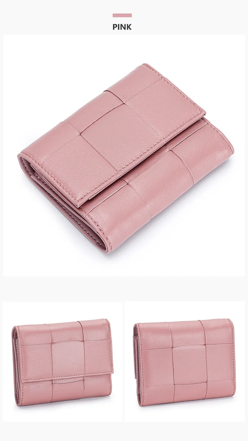 Portefeuille Femme Court Cuir Véritable Peau Mouton Tressé - Porte-Monnaie Trifold Zippé Grande Capacité Noir