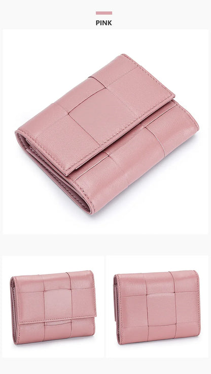 Portefeuille Femme Court Cuir Véritable Peau Mouton Tressé - Porte-Monnaie Trifold Zippé Grande Capacité Noir