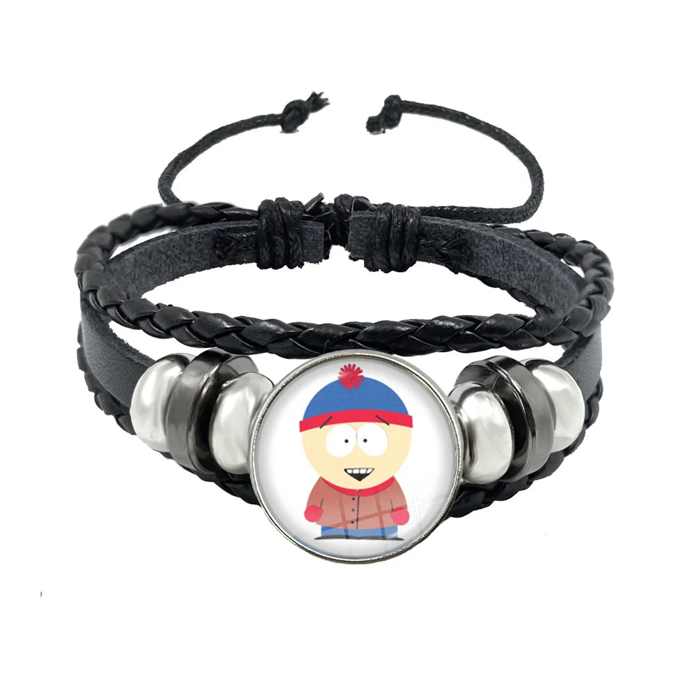 Bracelet South Park Cabochon Verre – Cuir Multicouche Tressé Fait Main Unisexe