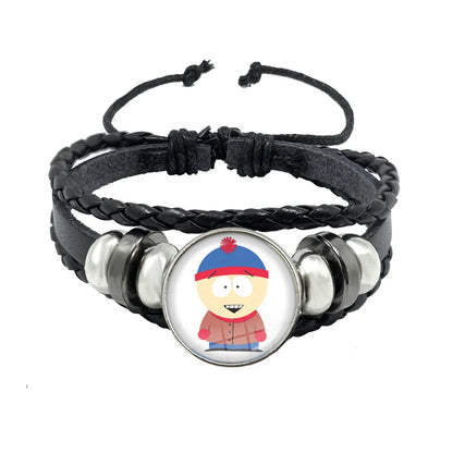 Bracelet South Park Cabochon Verre – Cuir Multicouche Tressé Fait Main Unisexe