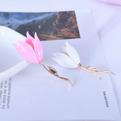 Broche Fleur Tulipe Émaillée Rose Blanc Luxueuse – Pin's Élégant Romantique Femme