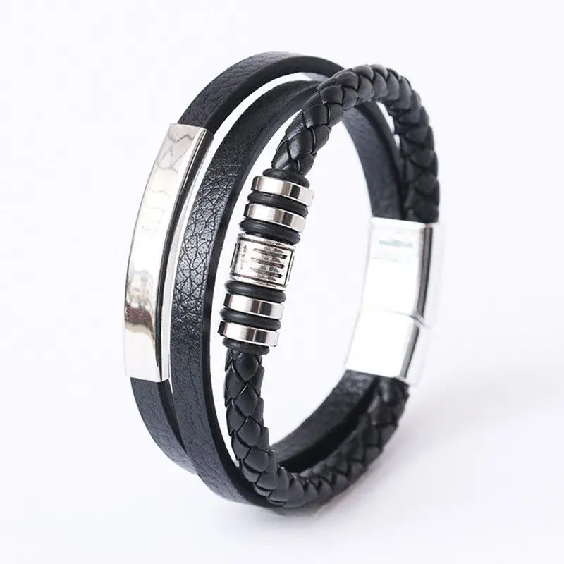 Bracelet Cuir Multicouche Tressé Homme – Acier Inoxydable 21 cm 14 Coloris Cadeau