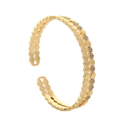 Bracelet Manchette Cuivre & Zirconia Femme – Ouvert Géométrique, Style Vintage Doré