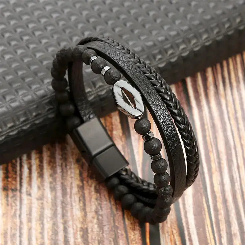 Bracelet en Cuir Tissé Main Multi-Couches pour Homme - Combinaison Classique Punk