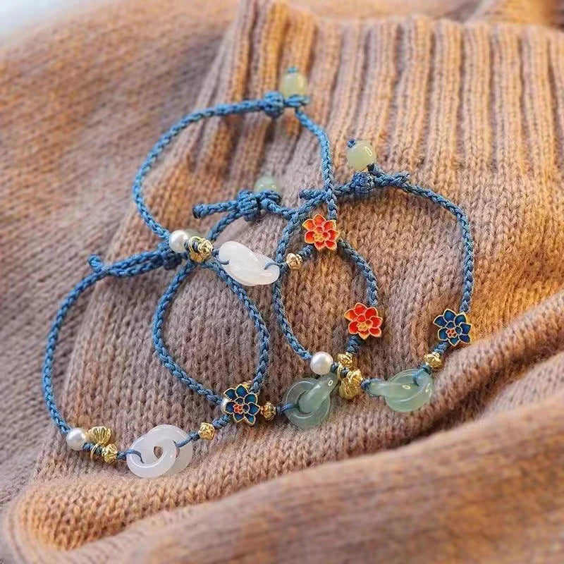 Bracelet Tressé Ethnique Lotus Jade Perle – Ajustable Fleur Femme