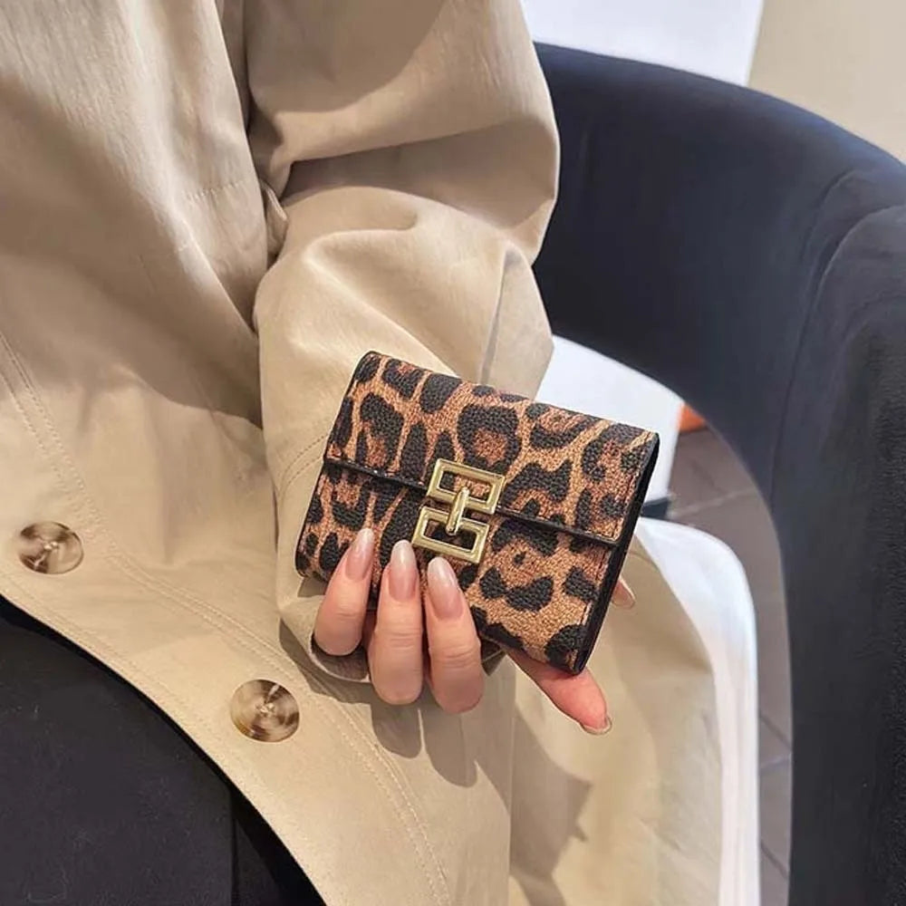 Portefeuille Femme Court Imprimé Léopard PU - Porte-Monnaie Carré Multi-Cartes Style Coréen Tendance