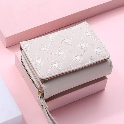 Portefeuille Femme Tri-Fold Cuir PU Brodé - Porte-Cartes Court Motif Cœur Minimaliste