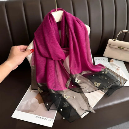 Foulard Soie Broderie Papillon Femme - Écharpe Châle Hijab Luxe Léger Élégant